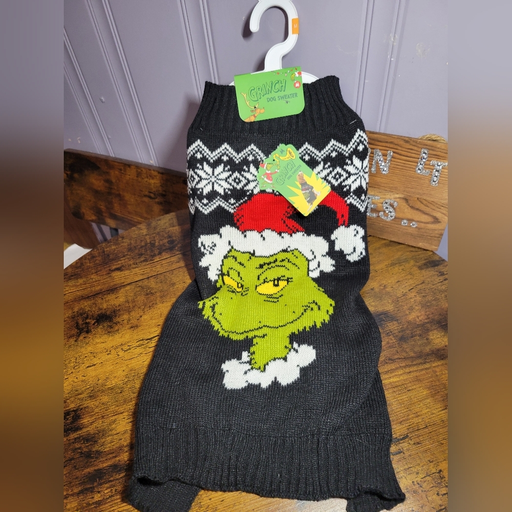 Dr. Suess Grinch Dog Sweater with Santa Hat black background
